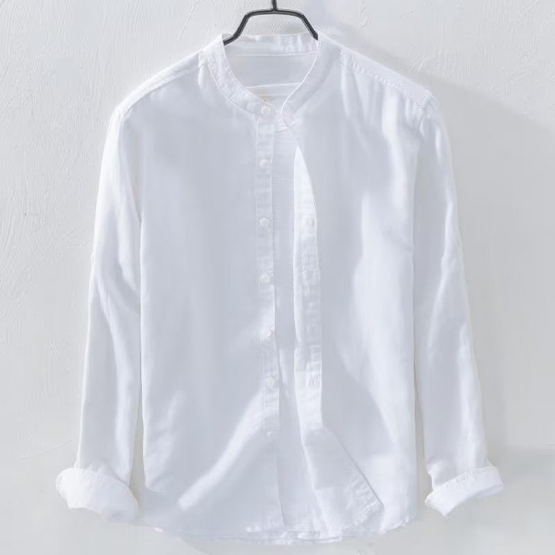 Men's lightweight linen shirt with stand collar and full button placket Mune Fashion