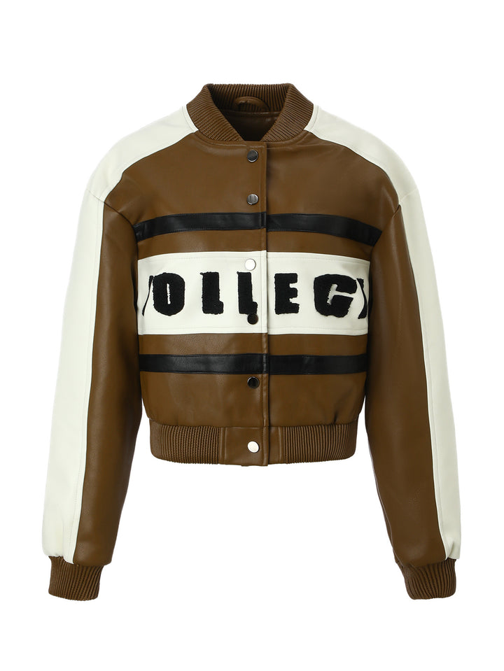 Women Cropped College Bomber Jacket made of faux leather with contrasting stripes and snap buttons Mune Fashion