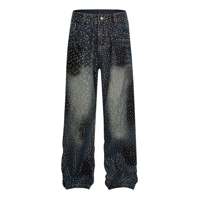 Ladies Wide High-Waist Denim Palazzo Jeans with Allover Rhinestones and Elastic Hem