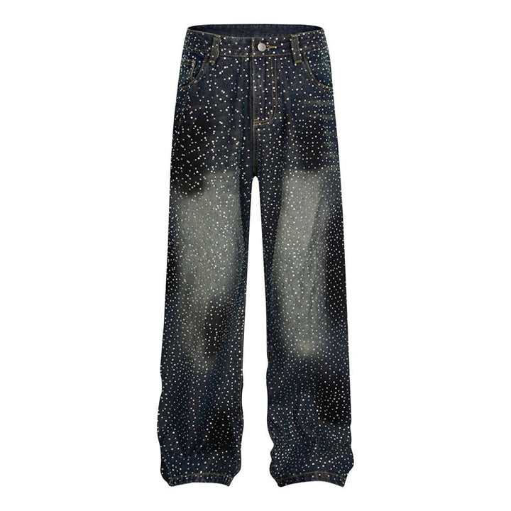 Ladies Wide High-Waist Denim Palazzo Jeans with Allover Rhinestones and Elastic Hem