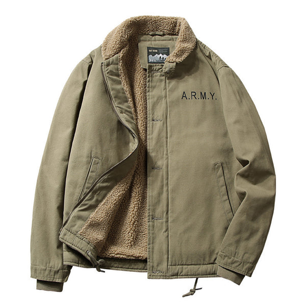Men's vintage-inspired canvas bomber jacket with voluminous Sherpa lining, dual front opening, and reinforced pockets Mune Fashion