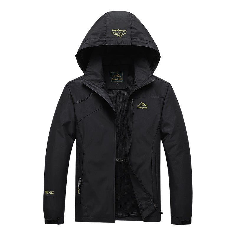 Men's breathable softshell trekking jacket with stowable hood, mesh lining and multifunctional zip pockets Mune Fashion
