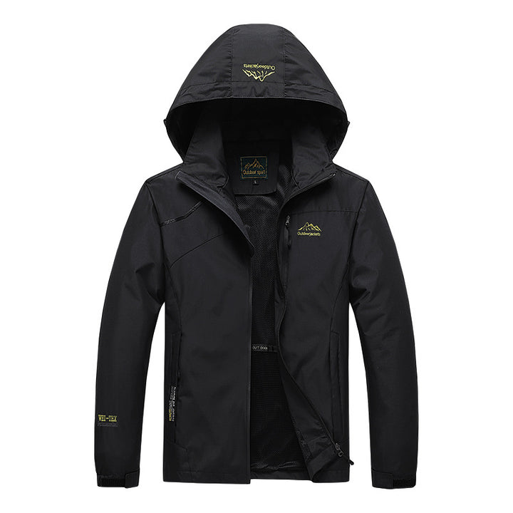 Men's breathable softshell trekking jacket with stowable hood, mesh lining and multifunctional zip pockets Mune Fashion
