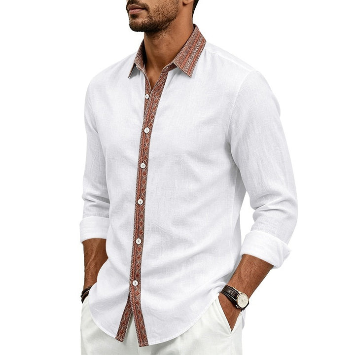 Men's Elegant Linen Look Shirt with Ethno Trim on Collar and Button Placket Mune Fashion