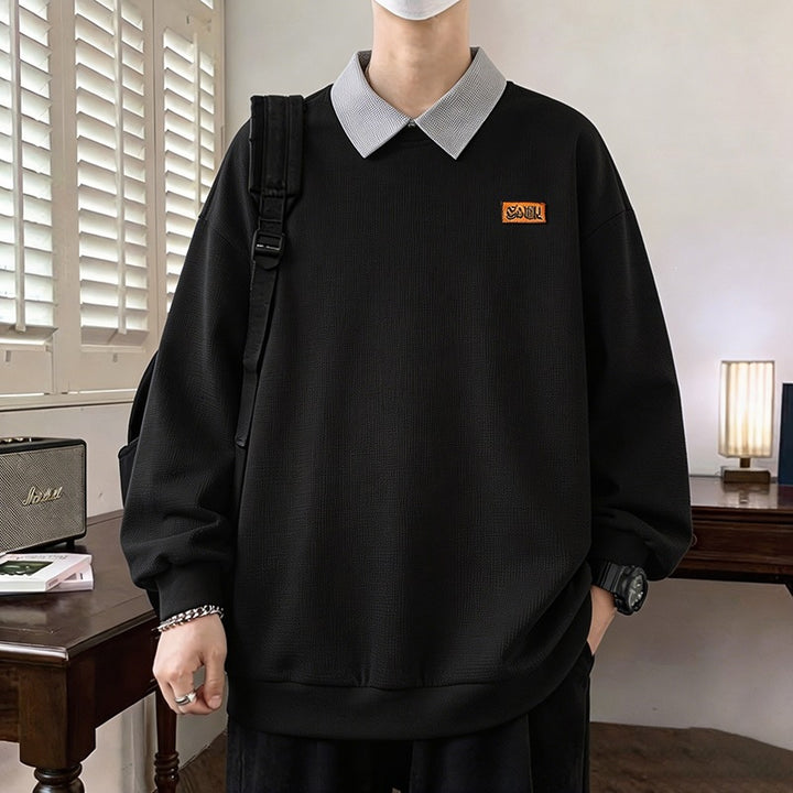 Men's Loose Fit Polo Sweatshirt with Contrast Collar and Waffle Texture Mune Fashion