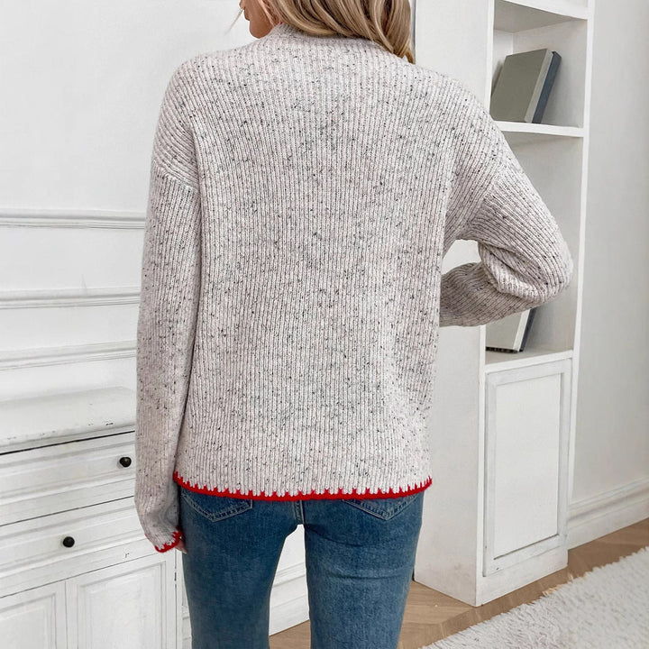Women's Ribbed Fine Knit Sweater with Heart Application and Contrasting Hem Edge Mune Fashion