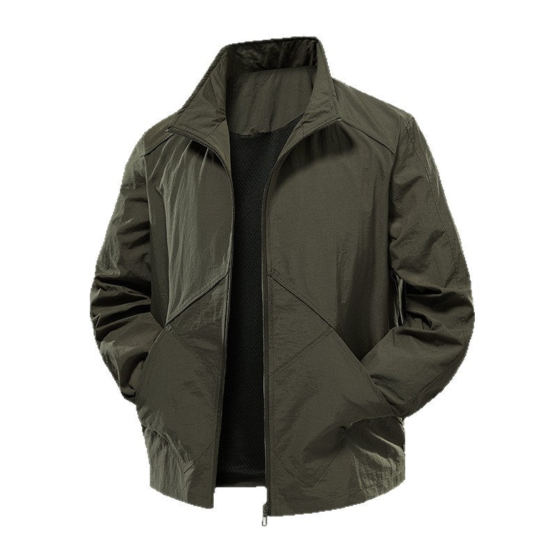 Men's Lightweight Windbreaker Outdoor Jacket with Stand Collar, Two-way Zipper and Concealed Pockets Mune Fashion