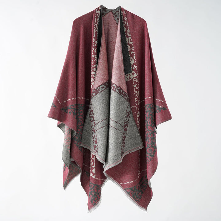 Women's Reversible Double-Face Stole Poncho made of Wool Blend with Fine Fringe Edge Mune Fashion