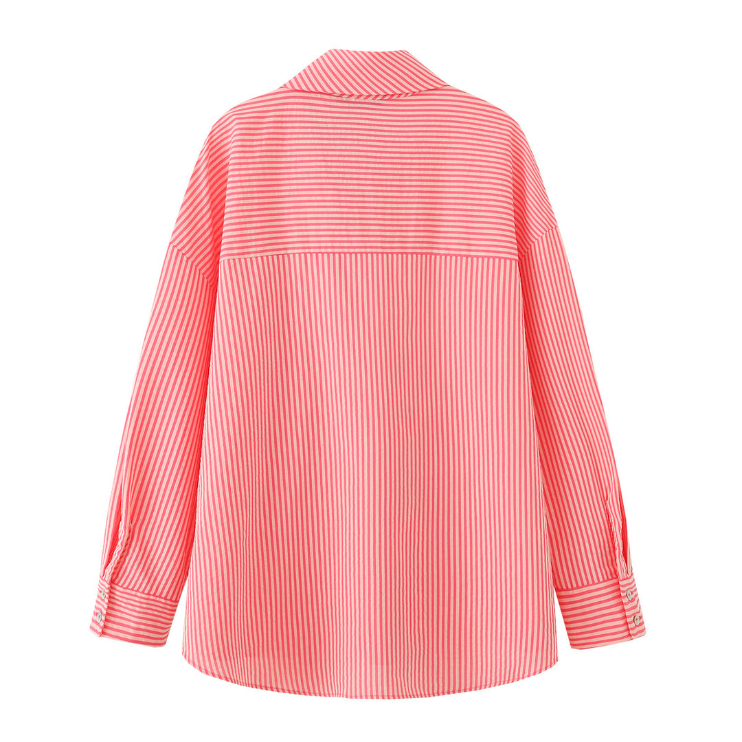 Women Striped Pullover Blouse with Bow Collar and Wide Cuffs Mune Fashion
