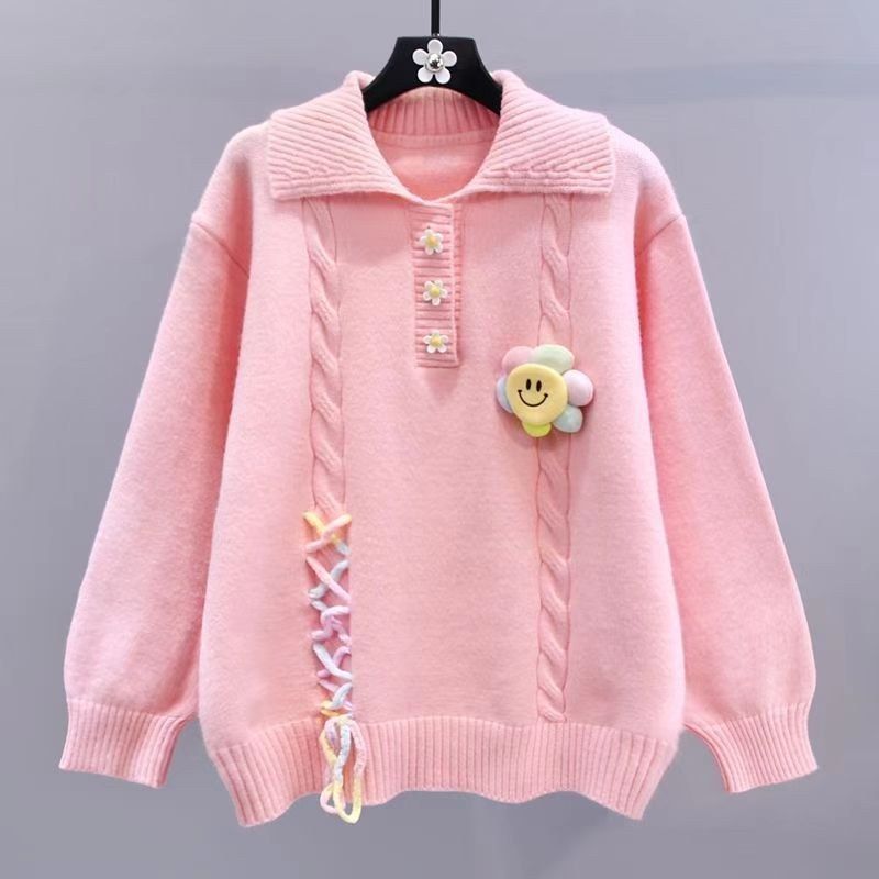 Women's Fashionable Sweater with Flower Applications and Cable Pattern Mune Fashion