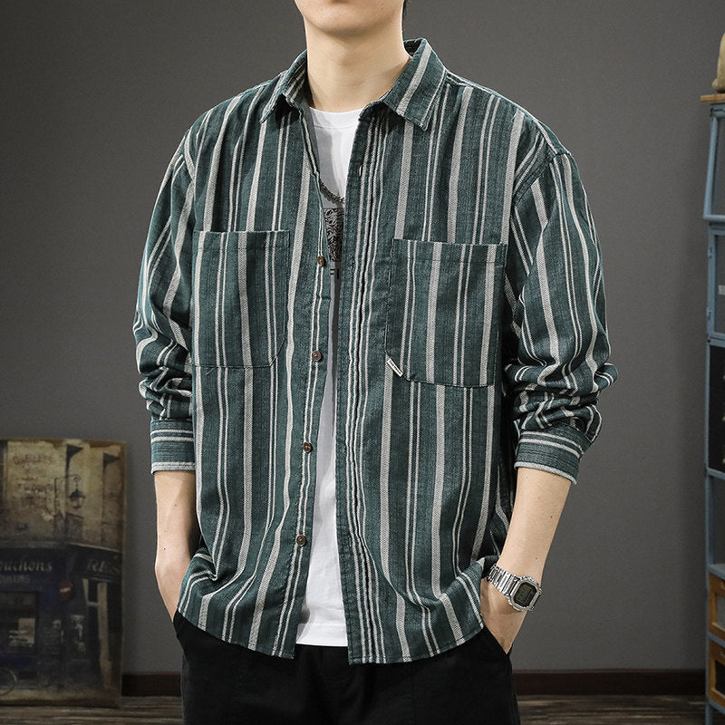 Men's Oversized Wide Corduroy Shirt Jacket with Vertical Stripe Texture and Patch Chest Pockets Mune Fashion