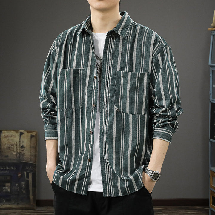 Men's Oversized Wide Corduroy Shirt Jacket with Vertical Stripe Texture and Patch Chest Pockets Mune Fashion