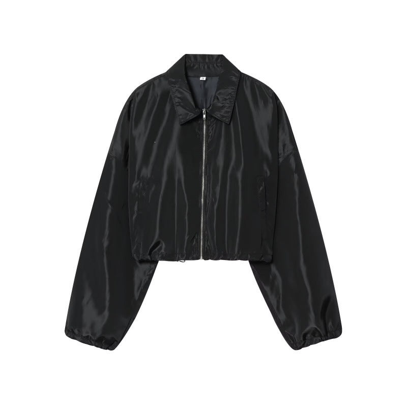 Women Cropped Bomber Jacket made of Satin Look with Zipper and Elastic Hem Mune Fashion