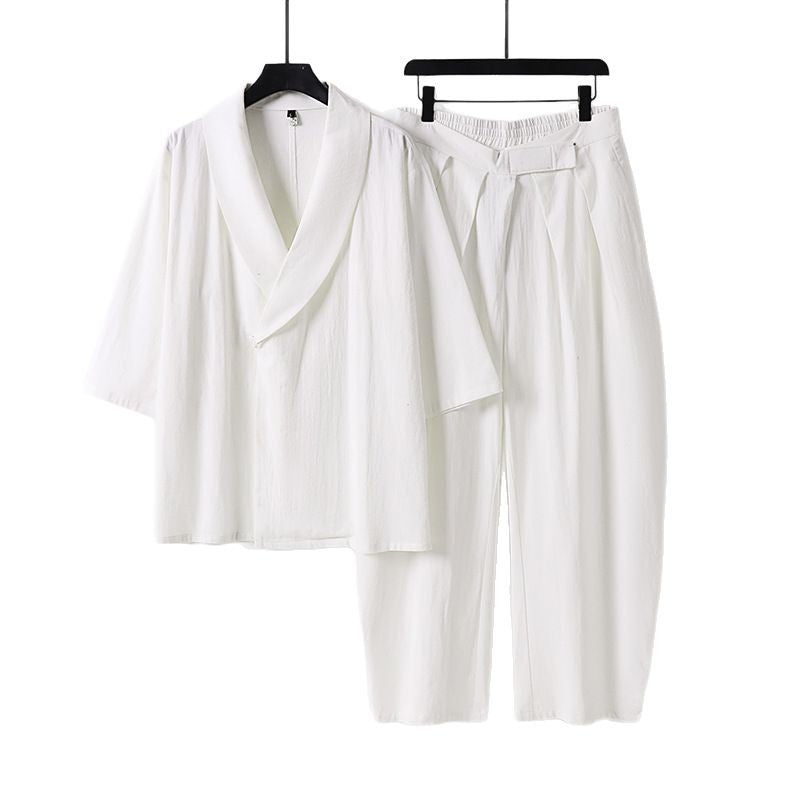 Women's Two-Piece Kimono Loungewear Set with Shawl Collar Short Sleeve Top and High-Waisted Pleated Pants Mune Fashion