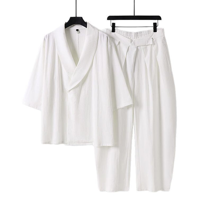 Women's Two-Piece Kimono Loungewear Set with Shawl Collar Short Sleeve Top and High-Waisted Pleated Pants Mune Fashion