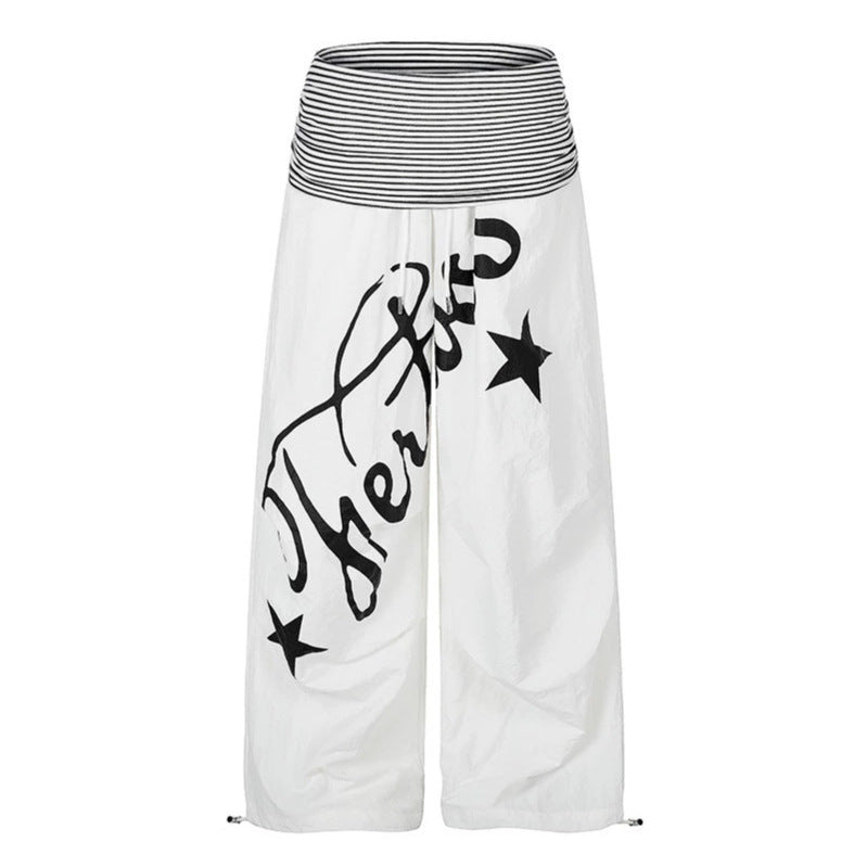 Women's Wide Palazzo Pants with High Striped Comfort Waistband and Statement Print Mune Fashion