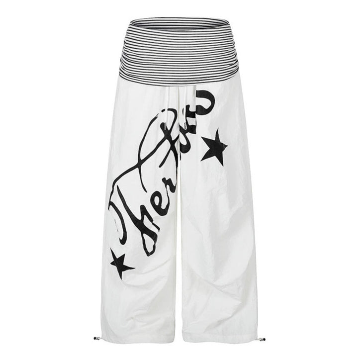 Women's Wide Palazzo Pants with High Striped Comfort Waistband and Statement Print Mune Fashion
