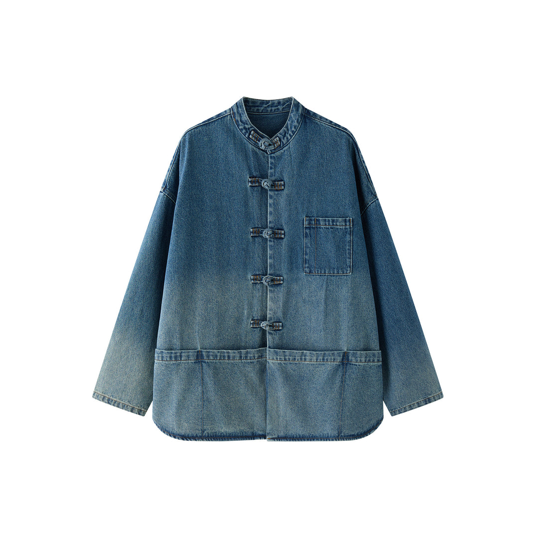 Women’s Oversized Utility-Style Denim Jacket with Mandarin Collar and Toggle Fastenings Mune Fashion