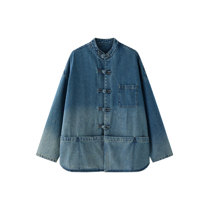 Women’s Oversized Utility-Style Denim Jacket with Mandarin Collar and Toggle Fastenings Mune Fashion