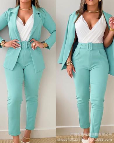 Women's tailoring set with animal print lapel, tailored belt blazer and high-waist slim pants Mune Fashion