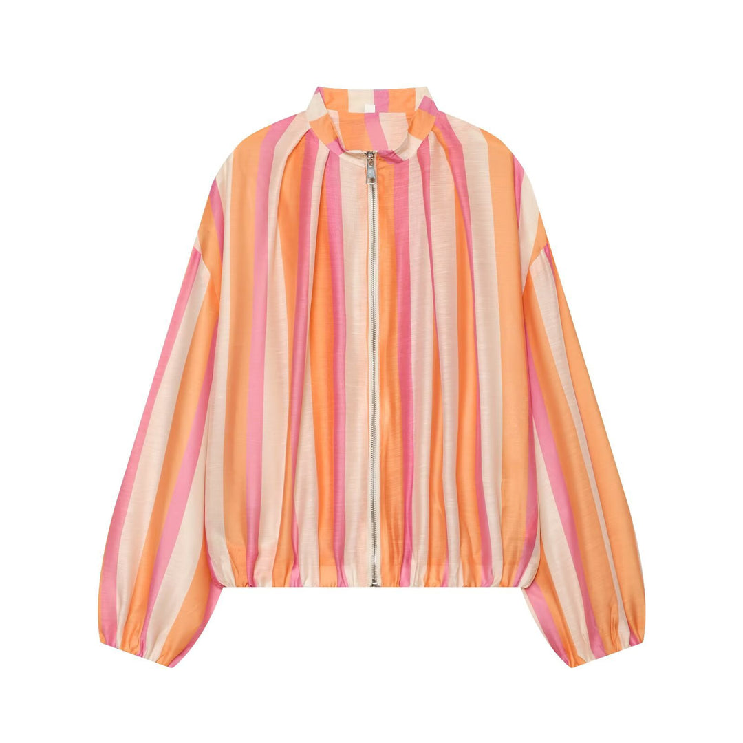 Women's Lightweight Striped Satin Bomber Jacket with Stand Collar and Balloon Sleeves Mune Fashion