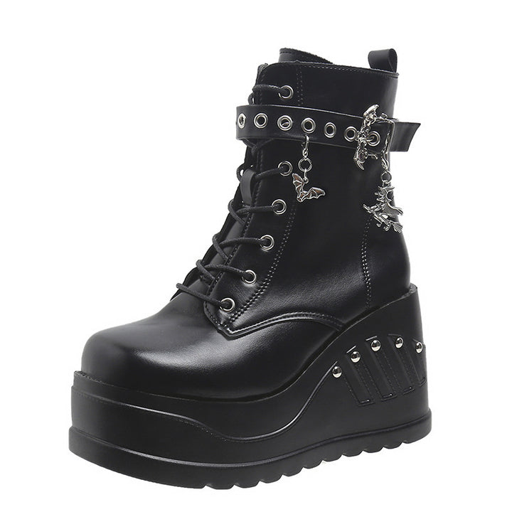Women's Gothic Platform Ankle Boots with Lacing, Eyelet Straps, and Pendant Details Mune Fashion