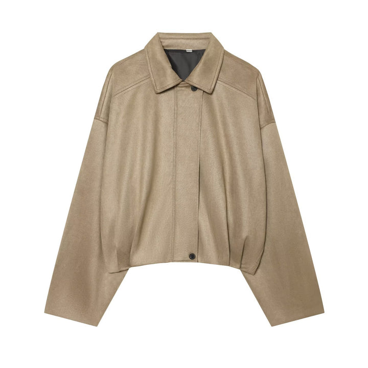 Women Cropped Oversized Cape Jacket with Shirt Collar and Hidden Button Placket Mune Fashion