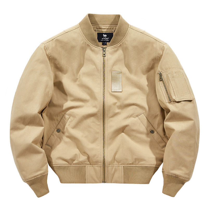 Men's  rugged cotton-twill flight bomber jacket with utility sleeve pocket and reinforced ribbed trims Mune Fashion