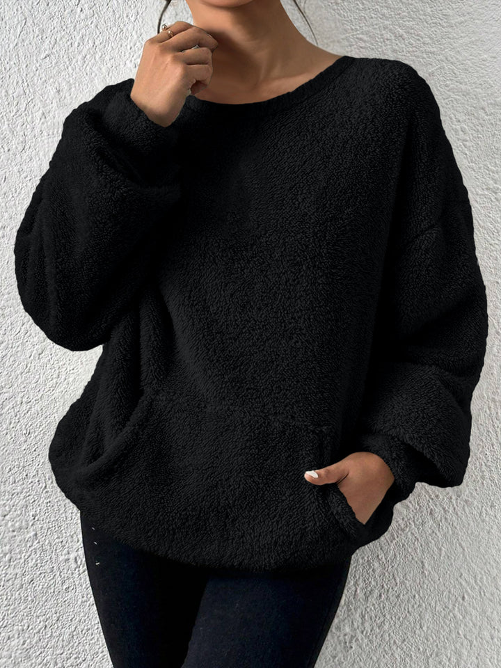 Women Cozy Teddy Fleece Sweater with Kangaroo Pocket Mune Fashion