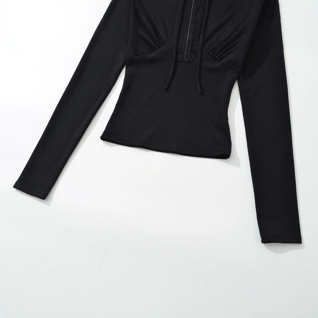 Women's Long Sleeve Shirt with Lace V-Neck and Tie Band Mune Fashion