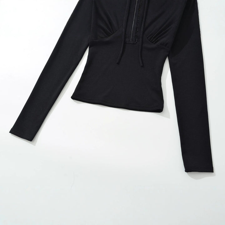 Women's Long Sleeve Shirt with Lace V-Neck and Tie Band Mune Fashion