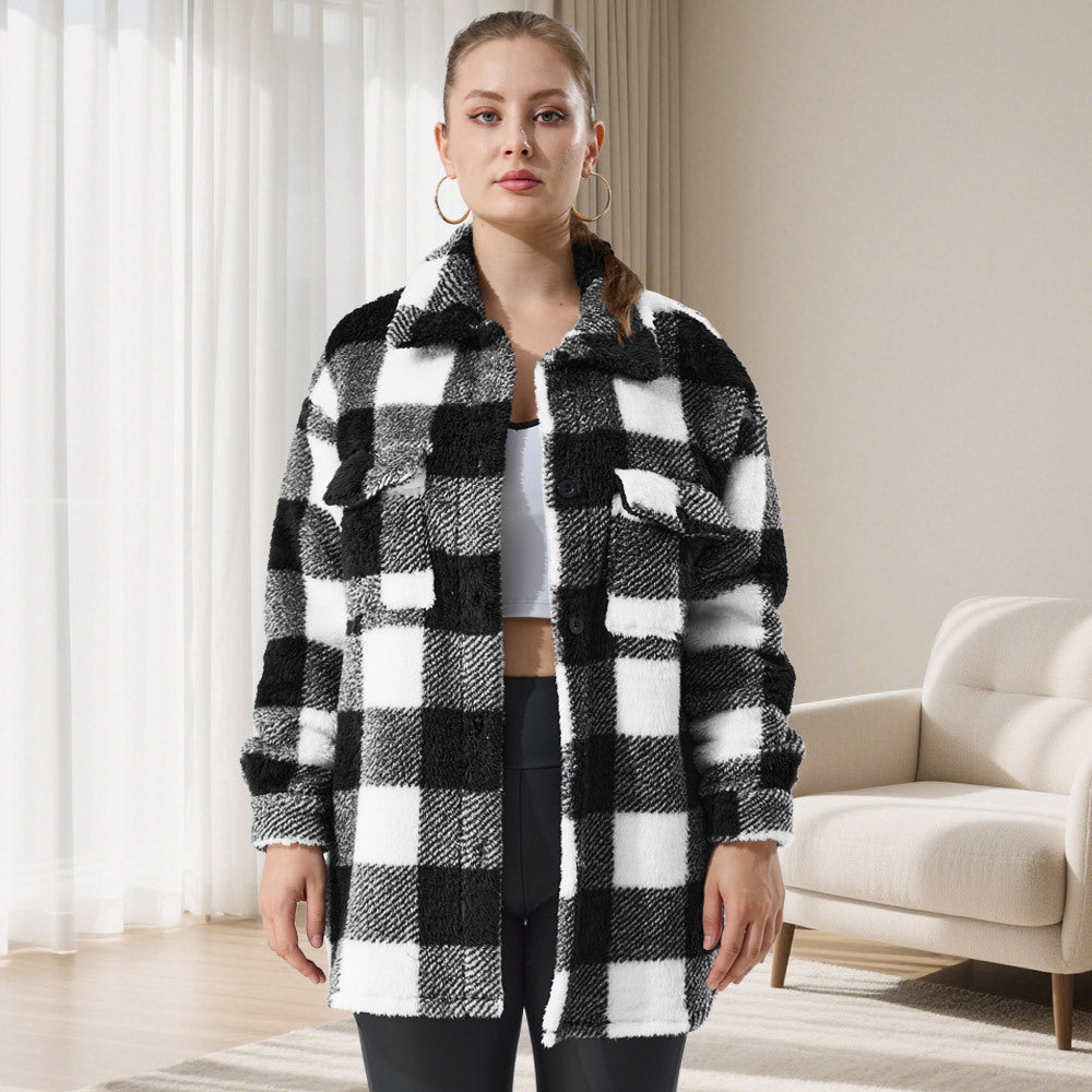 Women's Oversized Teddy Shirt Jacket with Check Pattern Mune Fashion