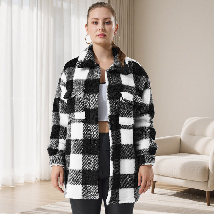 Women's Oversized Teddy Shirt Jacket with Check Pattern Mune Fashion