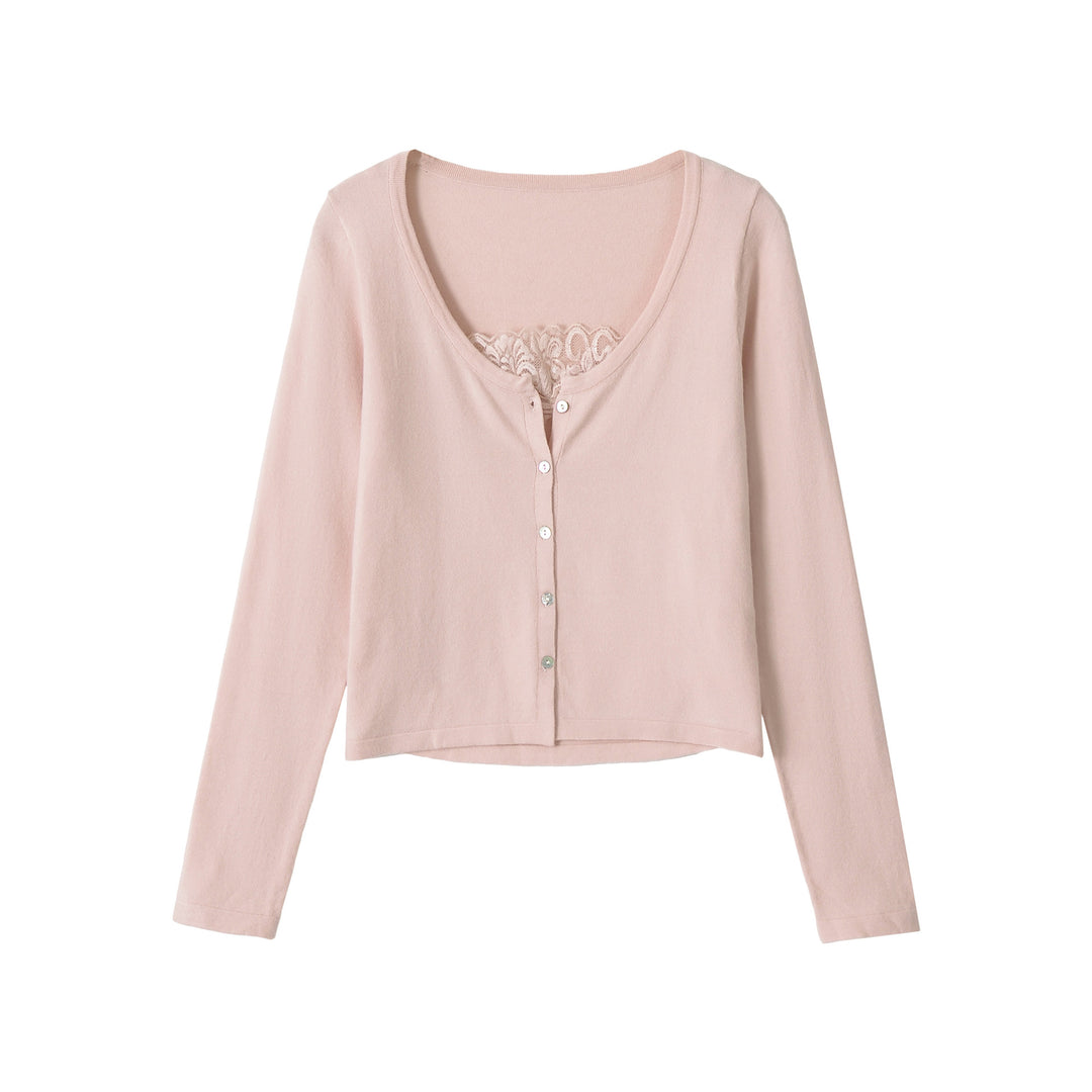 Ladies Fine Cropped Cardigan with Lace Insert and Button Placket Mune Fashion
