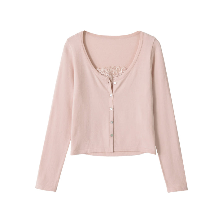 Ladies Fine Cropped Cardigan with Lace Insert and Button Placket Mune Fashion