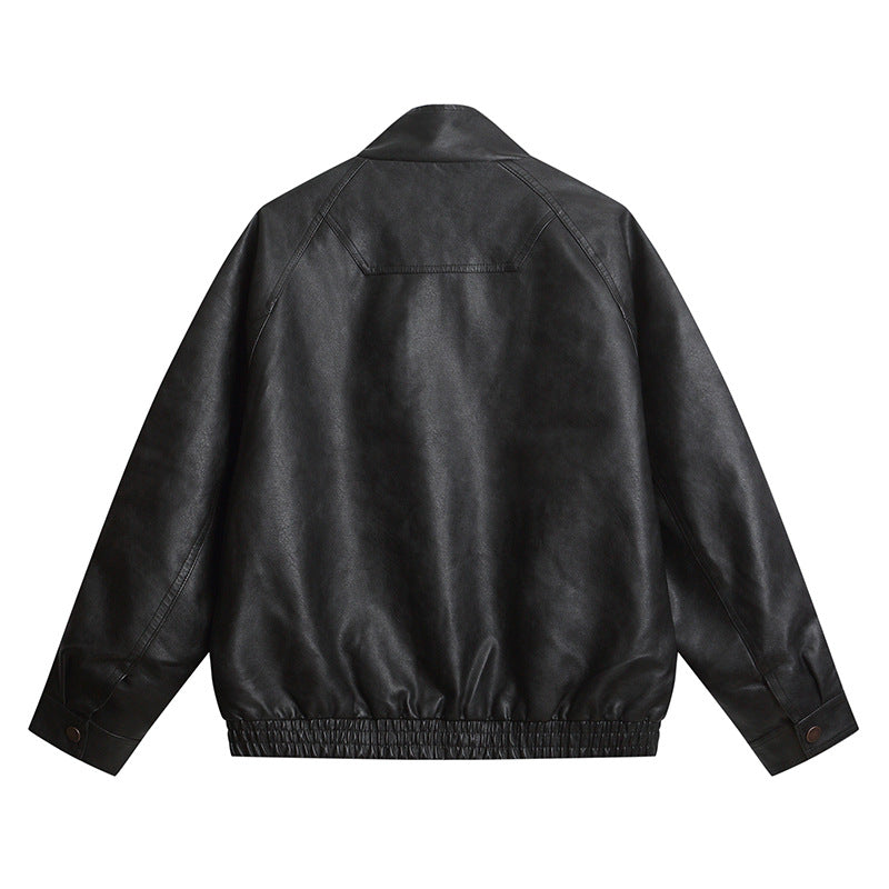 Men's leather-like bomber jacket with stand-up collar, concealed snap button placket, and elastic hem