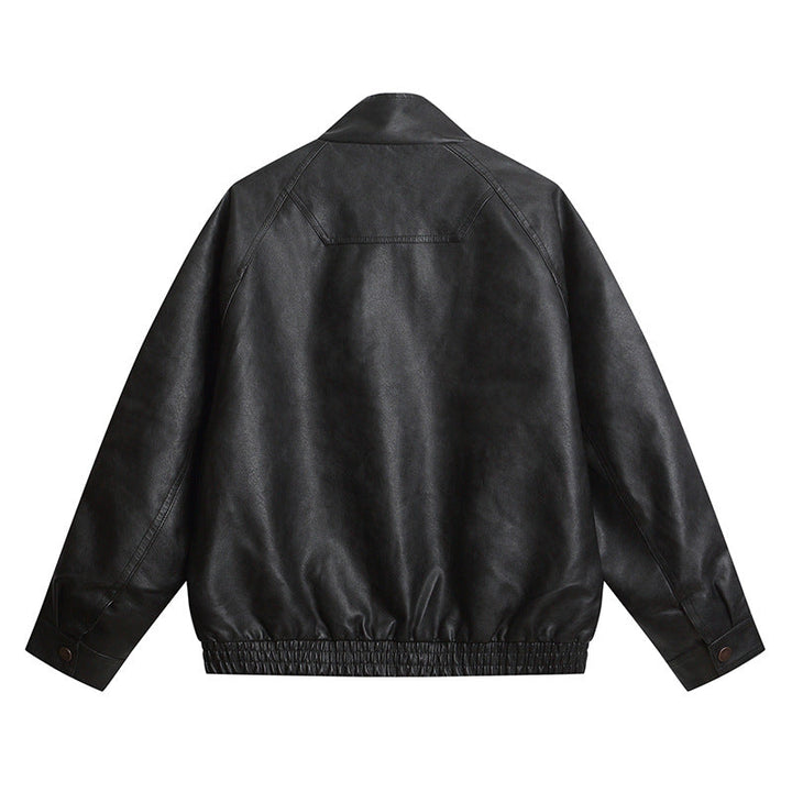 Men's leather-like bomber jacket with stand-up collar, concealed snap button placket, and elastic hem