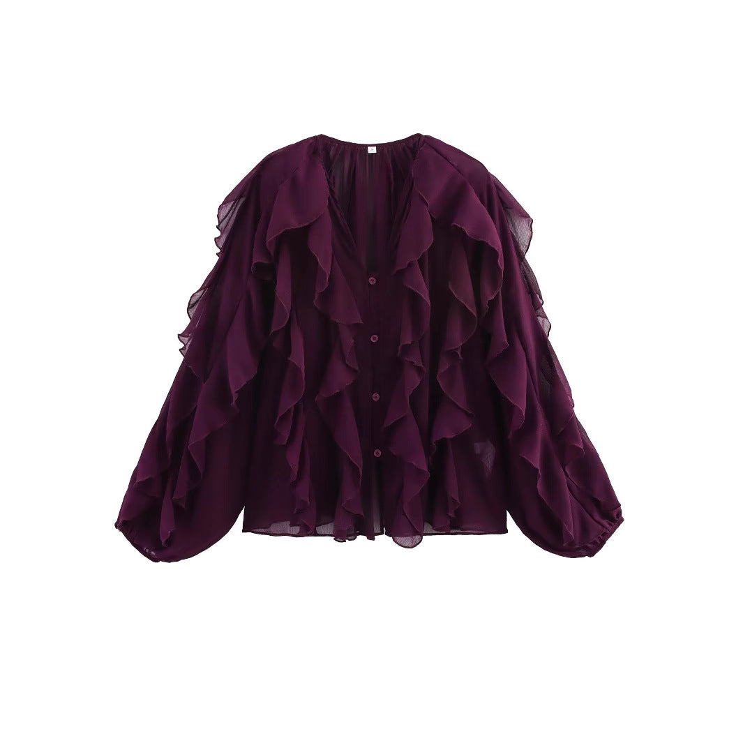 Ladies sheer chiffon blouse with layered ruffles, wide balloon sleeves, and full button placket Mune Fashion
