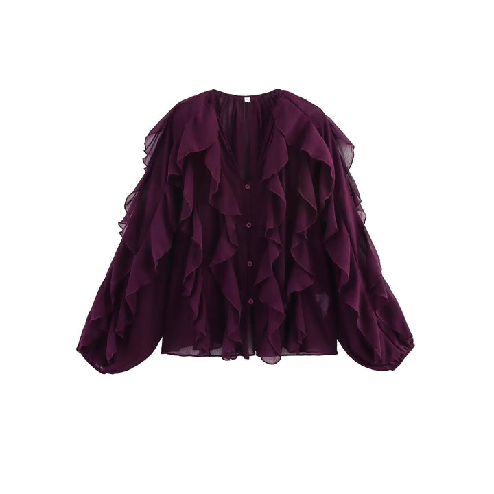 Ladies sheer chiffon blouse with layered ruffles, wide balloon sleeves, and full button placket Mune Fashion