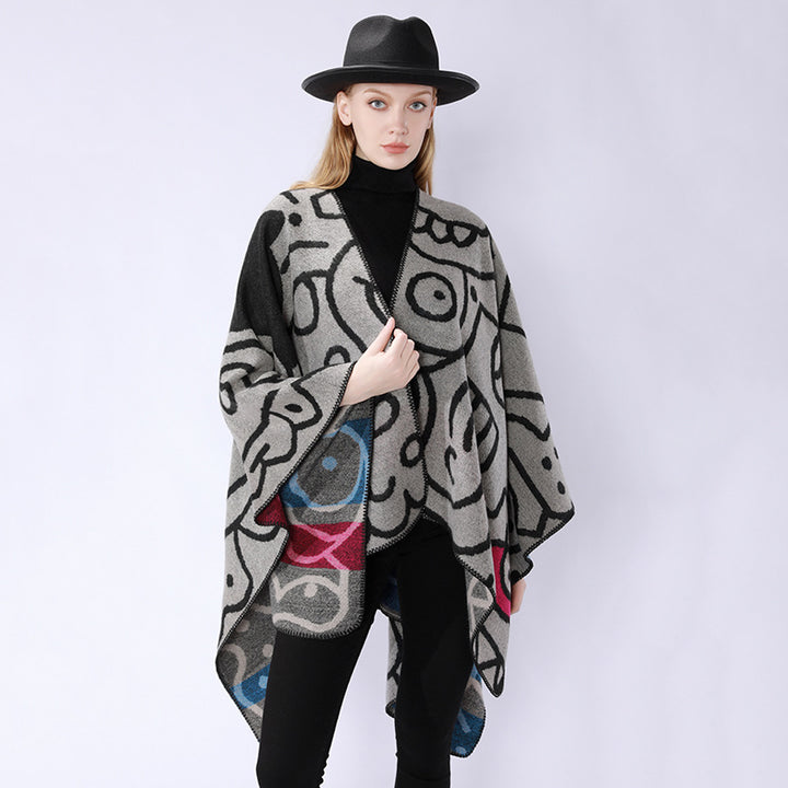 Women's oversized poncho in artistic print with two-tone edge processing and asymmetrical pointed hem Mune Fashion