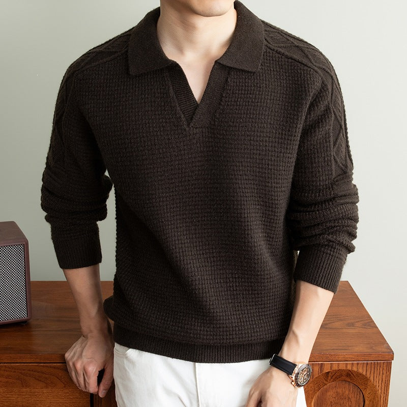 Men's polo sweater with textured waffle knit and cable pattern sleeves Mune Fashion