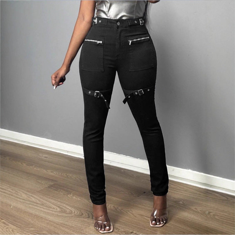 Women High-Waist Skinny Jeans with decorative zippers, patch pockets and belt decor Mune Fashion