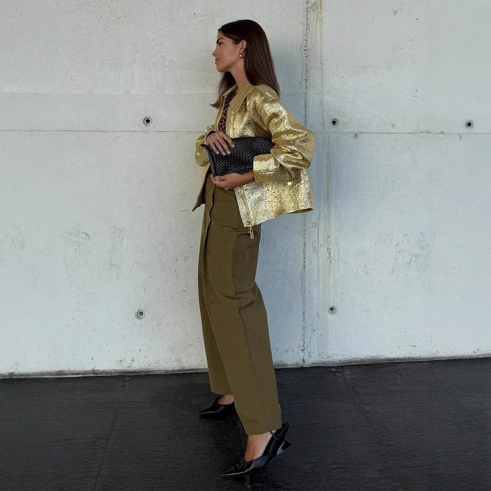 Women Short Textured Metallic Bomber Jacket with Boxy Silhouette Mune Fashion