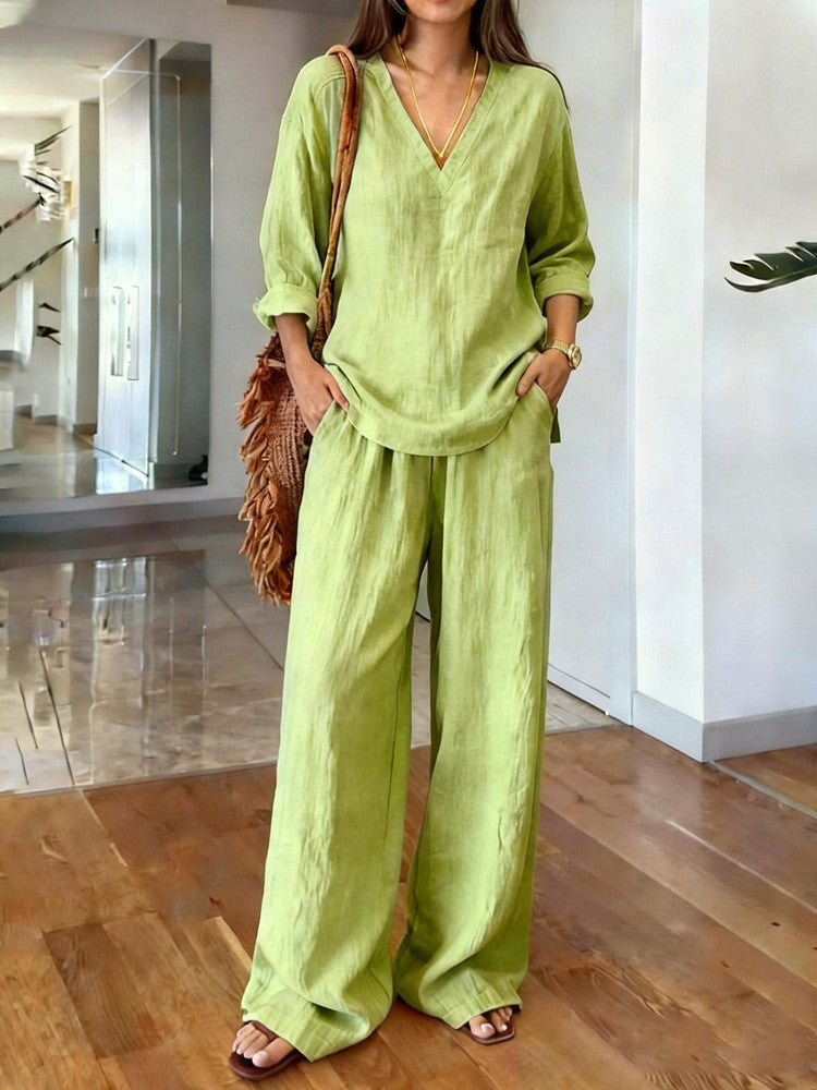 Women's lightweight linen look two-piece set with deep V-neck, loose 3/4 sleeves, and wide palazzo pants cut Mune Fashion