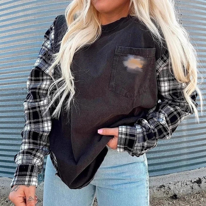 Women's oversized sweatshirt in mixed materials with checkered sleeves and applied chest pocket Mune Fashion