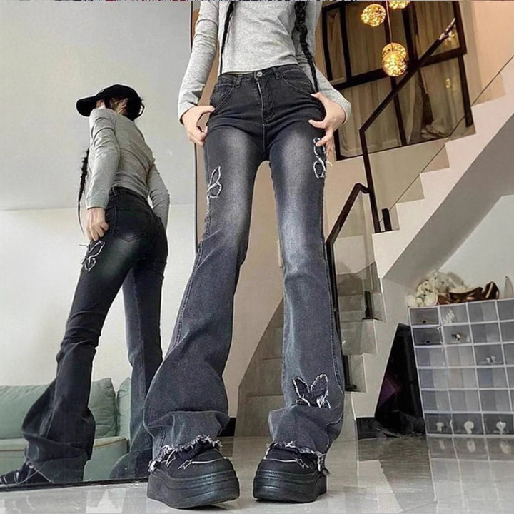 Ladies High-Waisted Flared Jeans with Butterfly Embroidery, Raw Hem and Sculpting Stretch Waistband Mune Fashion
