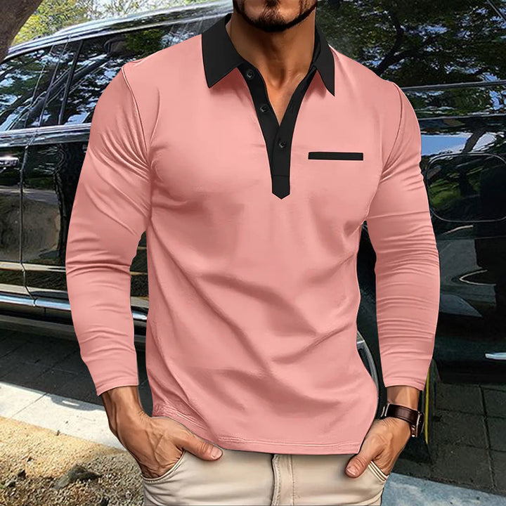 Men's stretchy long-sleeve polo with contrasting button placket and chest panel Mune Fashion