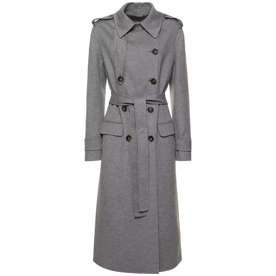 Women Mid-length Tailored Double-breasted Trench Coat made of Wool Blend with Flared Hem Mune Fashion