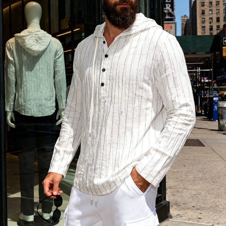 Men's linen blend hoodie shirt with half button placket and pinstripes Mune Fashion