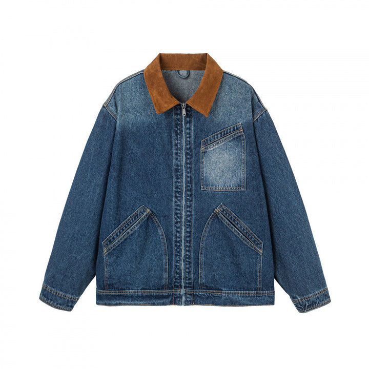 Men's Oversized Denim Jacket with Cord Collar and Diagonal Chest Pocket Detail Mune Fashion